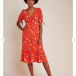 NWT Anthropologie Maeve Eudora Midi Dress Red/Orange Floral
